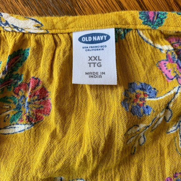 Old Navy Mustard Yellow Floral Puff Sleeve Boho Peasant Blouse XXL Tie Neck - Picture 4 of 6